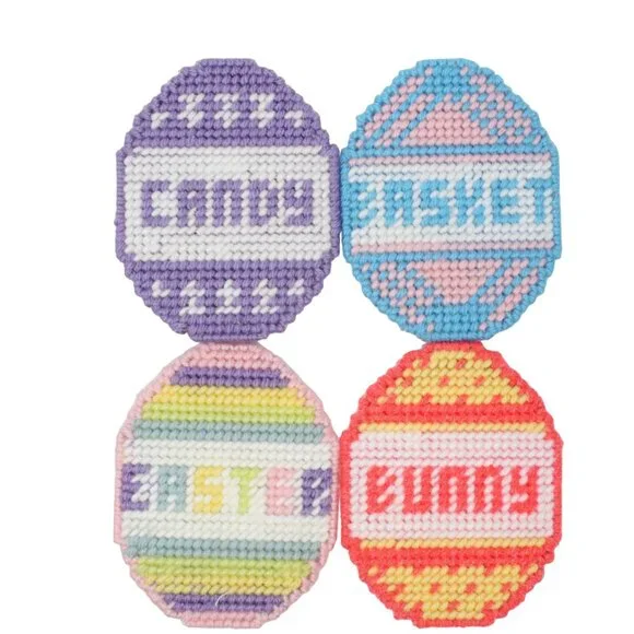 Handmade Easter Colorful Eggs Stitched Yarn Needlepoint Plastic Canvas Coasters - Picture 1 of 3